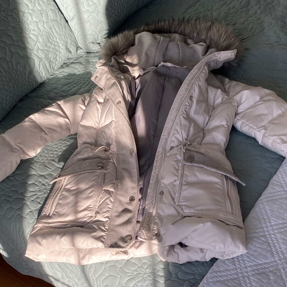 Kenneth Cole Cream and Gray Puffer Jacket with Faux Fur Hood - Picture 8 of 9